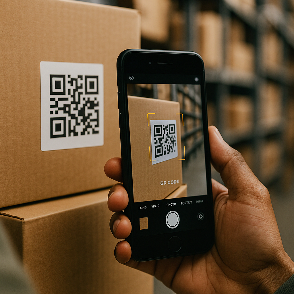 Worker scanning a QR label on a box