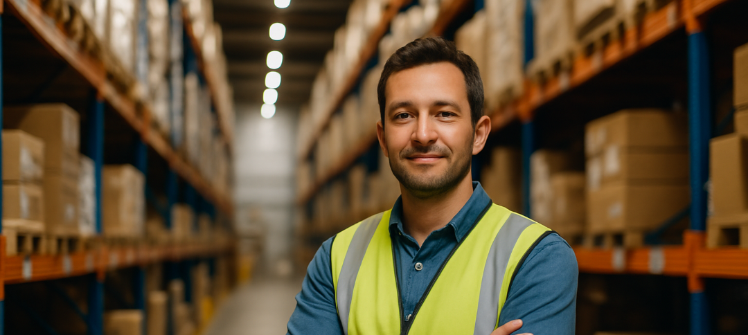 Person working on a laptop in a warehouse aisle